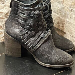 Free People CARRERA Strap Woven Ankle Heeled Boot 39/8 Booties Suede Leather